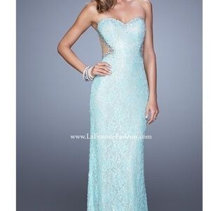 LA FEMME Light Mint beaded lace gown